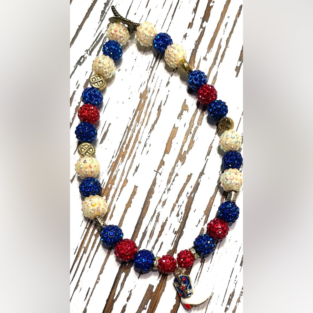 Beaded Pet Necklace Red,White,Blue, and Gold beads with Cowgirl Boot Pendant